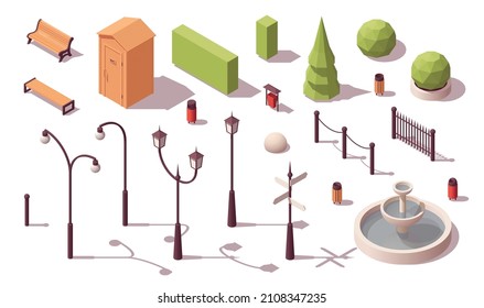 Isometric collection of elements for park. Isolated objects on white background. Benches, lanterns, trees, bins and other. Collection