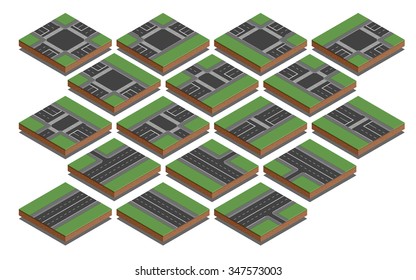 Isometric Collection of Isolated Connectable Highway Elements, Constructions and Various Vehicles. 