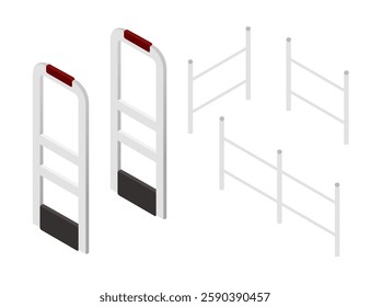 Isometric collection. Security gates and retail anti-theft systems. Store entrance sensors. Electronic article surveillance equipment. Shop entrance security barriers. Vector illustration.