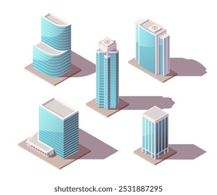 Colección isométrica de edificios de rascacielos, oficinas de negocios y torres comerciales. Conjunto de edificios de Vector bajo poli con arquitectura de paisaje urbano financiero, Elementos de calle 3D para la creación de mapas