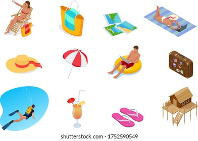 Isometric Collection of Summer icons. Summer and Holidays elements.