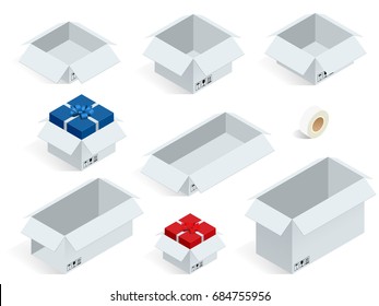 Isometric collection of various cardboard boxes on white background  Vector illustration.