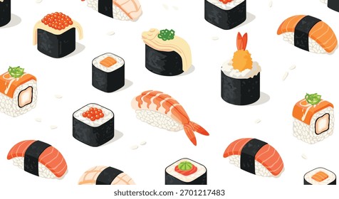 Uma coleção isométrica de vários tipos de sushi exibidos em um fundo branco.