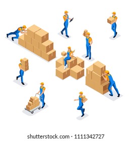 Isometric collection of workers in a warehouse of a man and a woman in uniform with cardboard boxes, work of a warehouse and delivery service