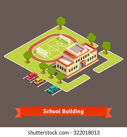 Isometric College Campus Or School Building With Soccer Field In The Courtyard And Parking Lot. Flat Style Vector Illustration Isolated On White Background.