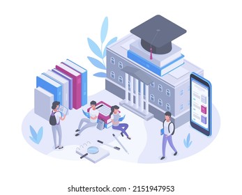 Isometric college campus and students characters, learning, education concept. University building and teenage students vector symbols illustration. College education study process