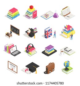 Isometric college education icon. School blackboard, university students admission briefcase and professor glasses, science chemistry and maths student. Books laptop case isolated icons vector set