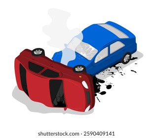 Isometric collision of passenger cars with severe damage on road. Insurance event of inattentive driving and violation of traffic rules. Aerial view 3D vector isolated on white background