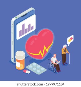 Isometric color composition with elderly people and mobile app for health monitoring vector illustration