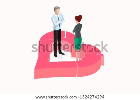 Isometric color concept divorce relationship heart. This illustration elements can be used in different romantic love projects. Break up concept symbol exploding to pieces in isometric illustration