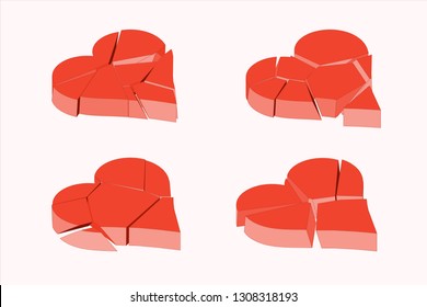 Isometric color concept red broken heart. This vector illustration elements can be used in different romantic love projects. Break up concept symbol exploding to pieces in isometric.