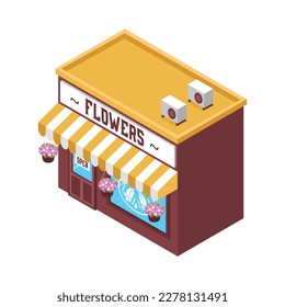 Isometric color flower shop building entrance 3d vector illustration