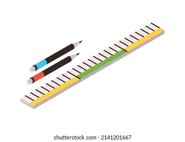 Isometric color icon with ruler and two lead pencils 3d vector illustration