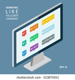 Isometric color like, follower, comment icons. Vector design template.