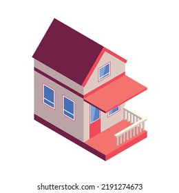 Isometric Color Low Rise Residential Building On White Background 3d Vector Illustration