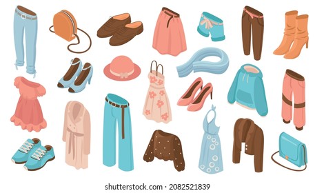 Isometric color set of 3d fashion clothing items shoes and accessories for women isolated on white background vector illustration