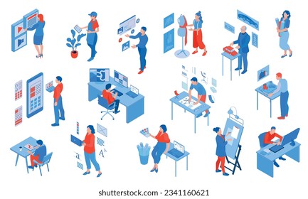 Isometric color set of people working as designers in various spheres isolated vector illustration