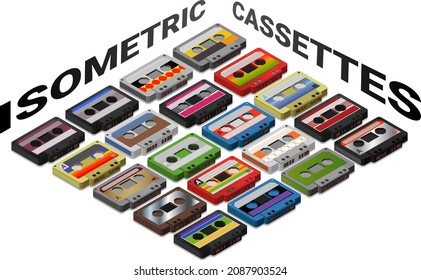 Cintas cassette de color isométrico en gráficos vectoriales....Diferentes colores y diseños, todos con las mismas pautas isométricas. cada cinta es un objeto independiente.