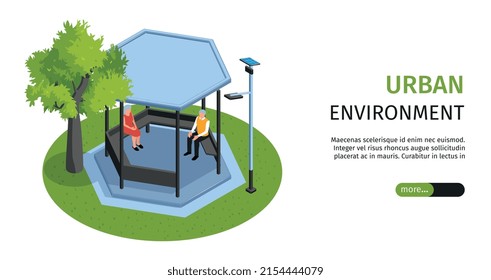 Isometric colored city horizontal banner with urban environment headline and more button vector illustration