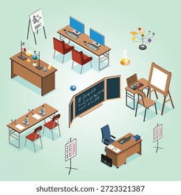 Isometrische und farbige Klasseninfografik mit Überschrift im Klasseninneren und gestrichelten Linien, Vektorgrafik