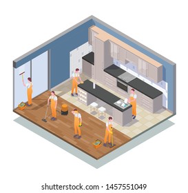 Isometric colored cleaning composition with cleaners work in apartment clean the kitchen vector illustration