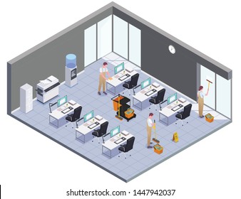 Isometric colored cleaning concept isolated office room and workers wash windows floors and furniture vector illustration