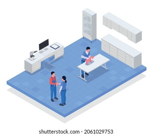 Isometric colored farm animals veterinary concept a large office with veterinarian doctors vector illustration