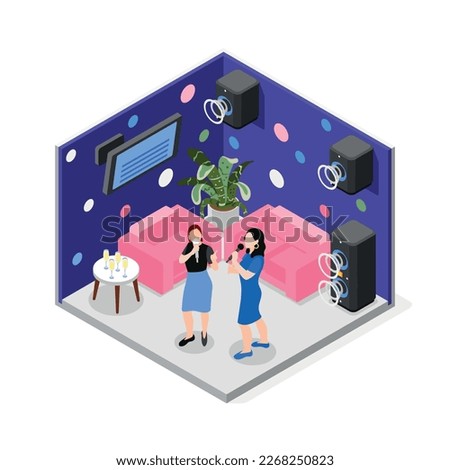 Isometric colored female friends composition two friends at a party singing karaoke vector illustration