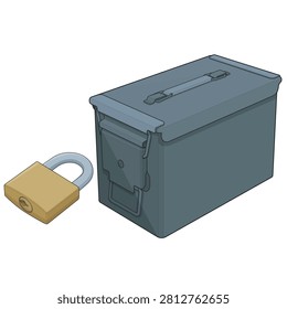Isometric colored filled outline vector illustration of a lockable metal ammunition storage box with a padlock, symbolizing secure storage, asset protection, controlled access, and military equipment security. Ideal for military logistics, tactical gear, industrial storage, warehouse operations, emergency preparedness, engineering documentation, technical manuals, security systems, equipment management, inventory control, and safety-related design projects. Isolated on a white background.
