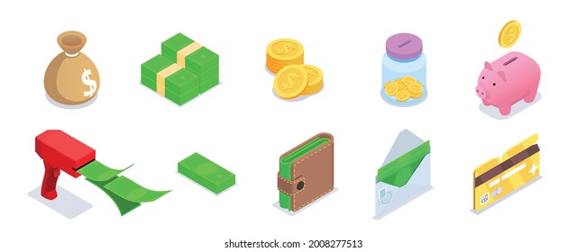 Isometric Colored Financial Education Literacy Icon Set Coins Money Bag Purse, Money Envelope Piggy Bank Gold Card Money Gun Vector Illustration