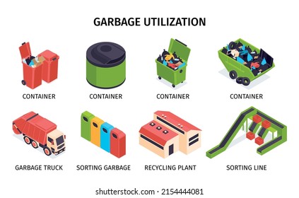 Isometric colored garbage recycling icon set with different types and sizes containers garbage truck sorting urns recycling plant vector illustration