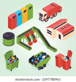 Isometric colored garbage recycling icon set with different types and sizes containers garbage truck sorting urns recycling plant vector illustration