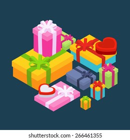 Isometric colored gift boxes against the dark-blue background. Illustration suitable for advertising and promotion