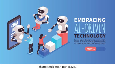 Isometric colored global consumer trends horizontal banner with embracing ai-driven technology headline vector illustration