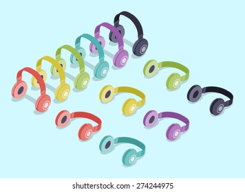 Isometric colored headphones. Illustration suitable for advertising and promotion