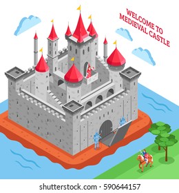 Isometric colored middle ages european royal castle composition with welcome to medieval castle description vector illustration