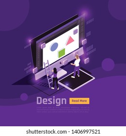 Isometric colored people and interfaces glow concept with design headline and theme vector illustration