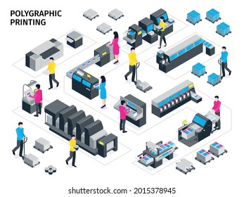 Isometric colored polygraphy composition color printing and various types of printing machines vector illustration