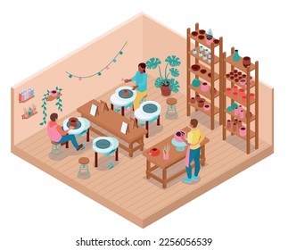 Isometric colored pottery concept three employees make pots in an isolated room vector illustration