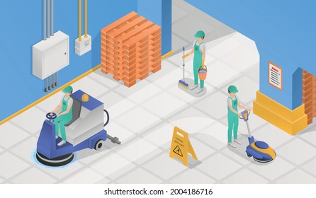 Isometric colored professional cleaning service composition cleaners wash floors and walls in the production area vector illustration