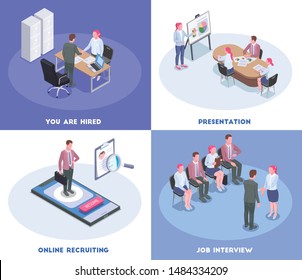 Isometric colored recruiting human resources 2x2 design concept with candidates having job interview 3d isolated vector illustration