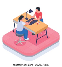 Isometric colored small business owner family business composition nail salon with nail master and client vector illustration