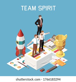 Isometric and colored soft skills concept with team spirit headline and three colleagues support each other vector illustration 
