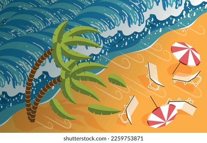 composición meteorológica de tormenta de color isométrico fuerte viento sopló tumbonas y sombrillas de la playa costera ilustración vectorial
