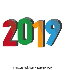 Isometric colored text design Christmas and Happy new year 2019. Design element for presentations, postcards, flyers, leaflets and posters, vector illustration