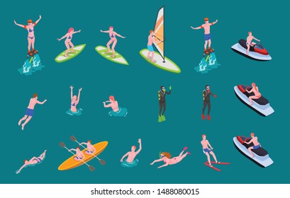 Isometric colored water sports icon set with people swim surf involved in scuba diving windsurfing and other vector illustration