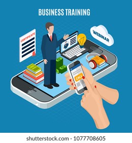 Isometric colored webinar concept with use smartphone for business training schematic composition vector illustration