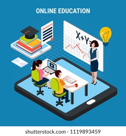 Isometric colored webinar flyer with online education description and two people are trained through a computer vector illustration