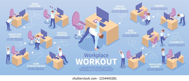 Isometric colored workplace workout infographic with shoulder stretch good posture muscle training core strengthener office exercises squats side leg lifts flexibility descriptions vector illustration