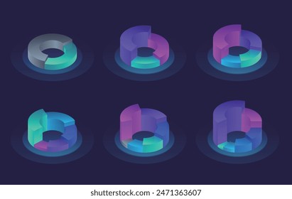 Isometric colorful 3d pie charts with 2, 3, 4, 5, 6, sections. Cool infographics